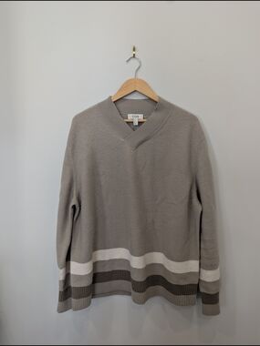 COS Men's Taupe V-Neck Sweater with Cream and Dark Taupe Stripes